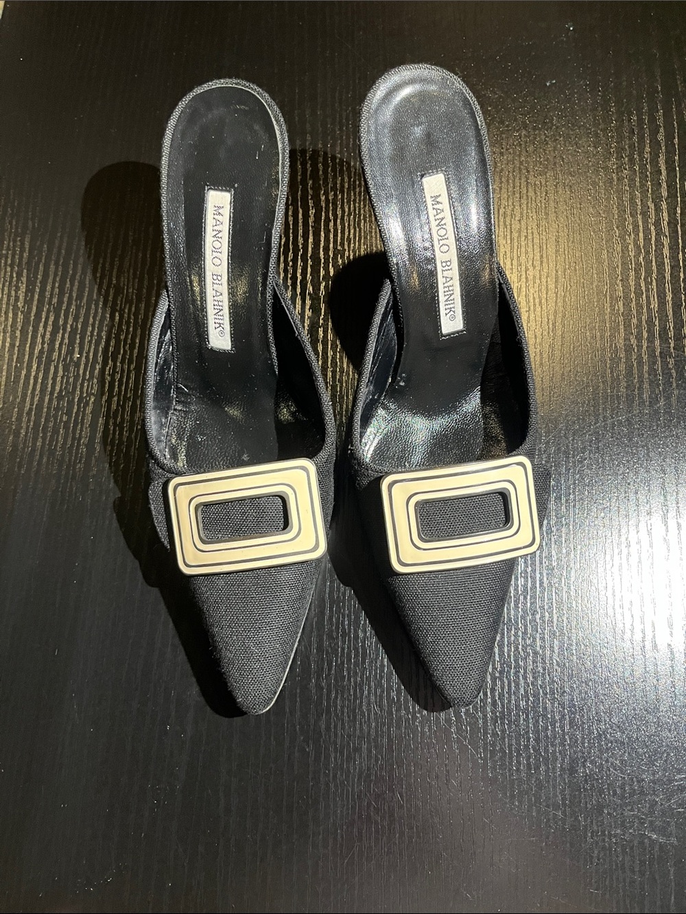 Manolo Blahnik Black Pointed Mules with Cream Rectangular Buckles
